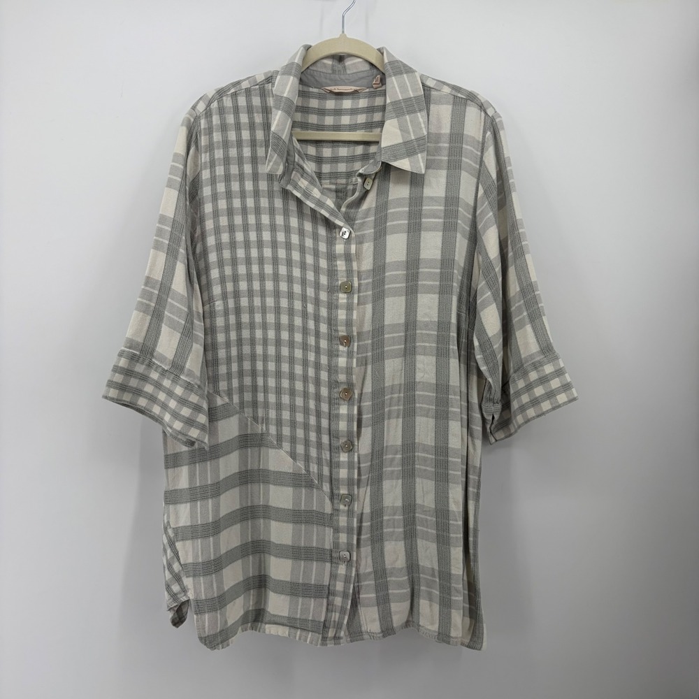 Soft Surroundings Womens 2X Gray Plaid Button Down Mixed Pattern Shirt 5CM41